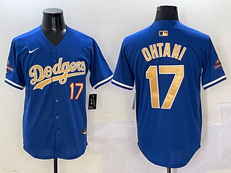 Men Los Angeles Dodgers 17 Ohtani Blue Champion gold character 2025 Nike MLB Jersey style 409